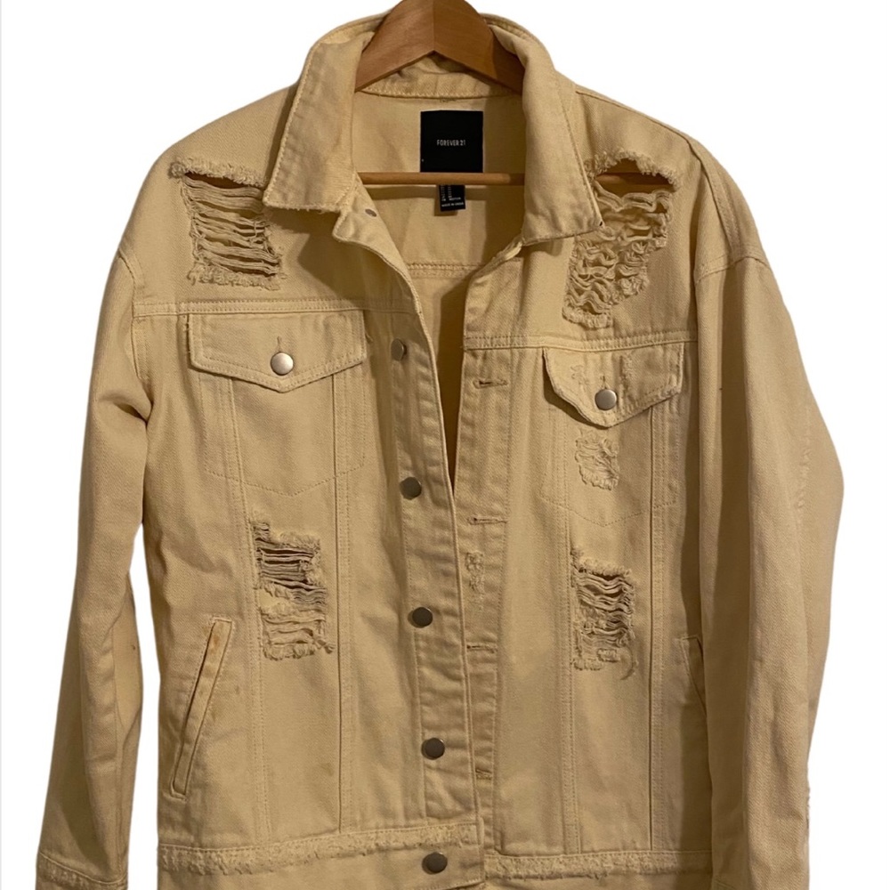 forever 21 cream ripped denim jacket